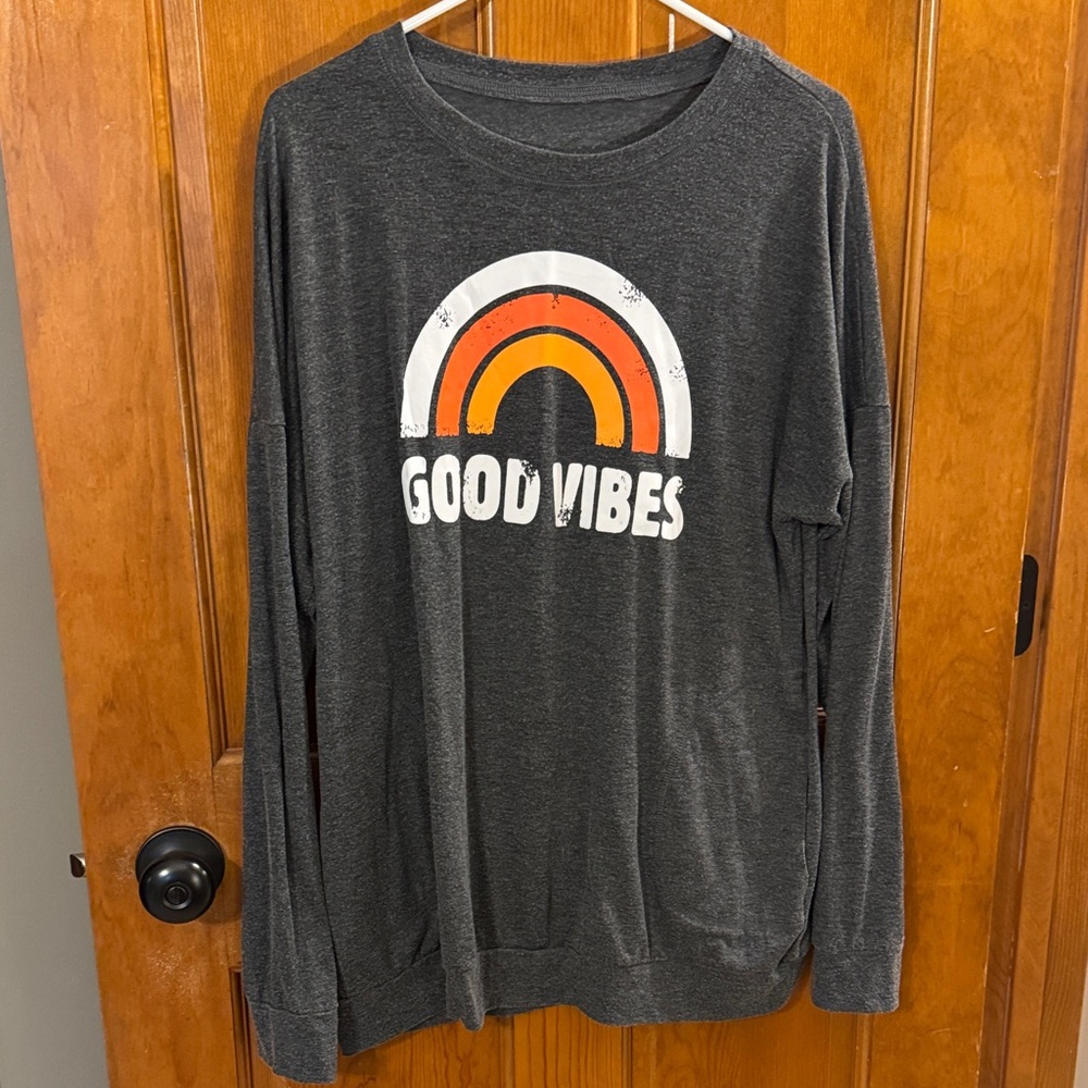 Good Vibes Graphic Long Sleeve Tee - Charcoal with Orange & White Rainbow